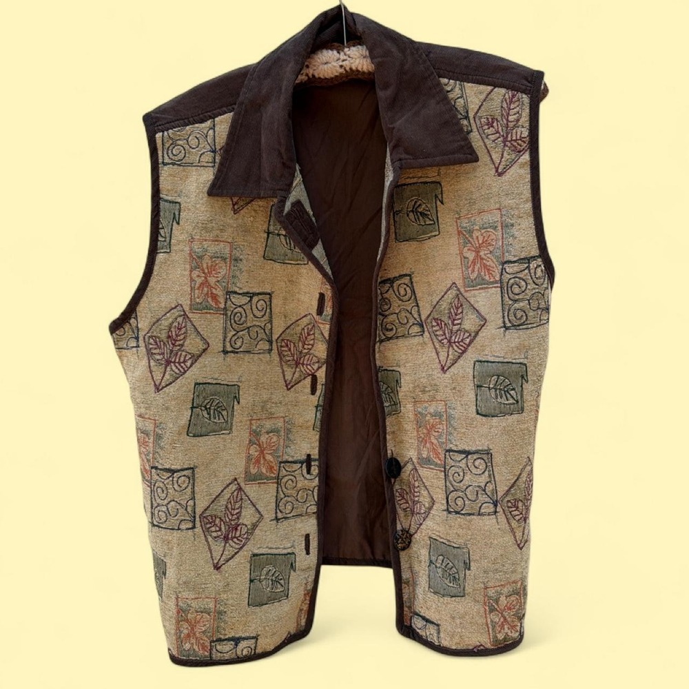 Dressbarn Women Brown Beige Fall Leaf Motif Embroidered Corduroy Vest 1X
